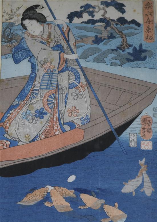 A Japanese woodblock print of a lady and another, 36cm x 24cm